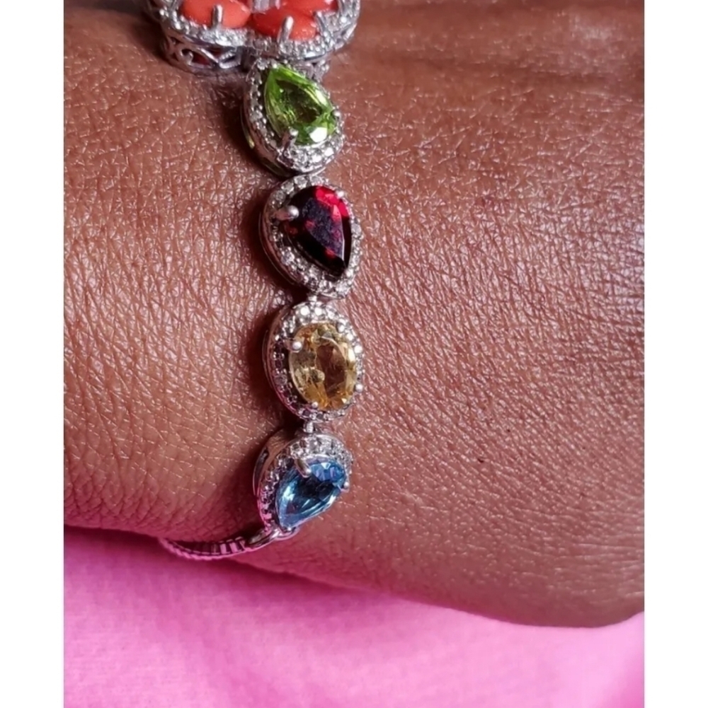 Mediterranean Coral Multigemstone Sterling Silver Bracelet - Picture 2 of 6